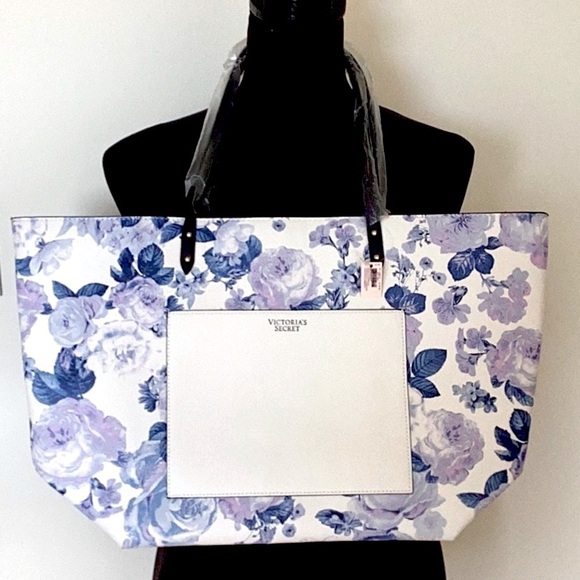 Victoria’s Secret large white tote with lavender and navy blue flowers. 🔥NWT🔥 - Picture 1 of 16